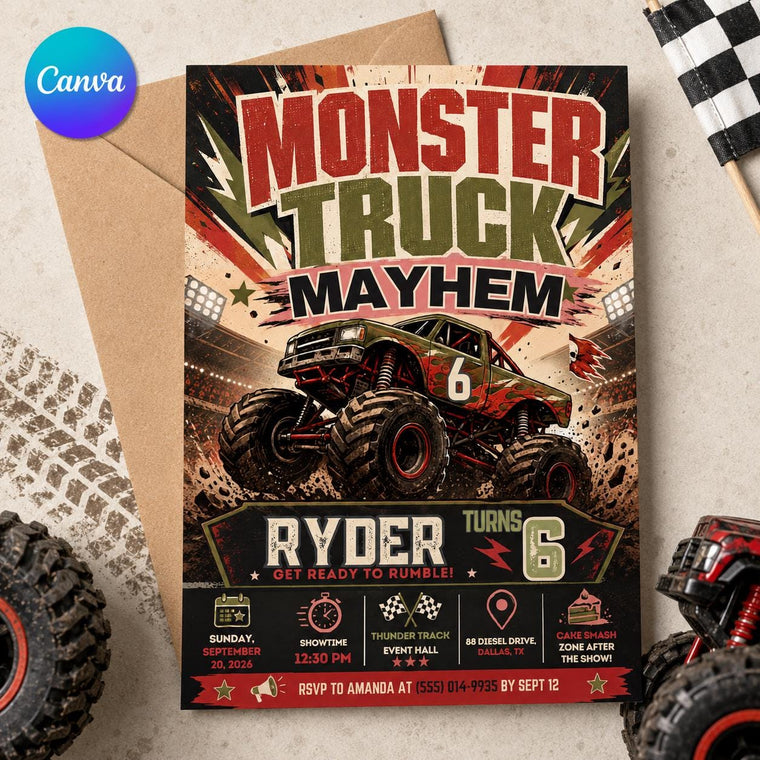 Monster Truck 6th Birthday Invitation: Racing Mayhem for Boys