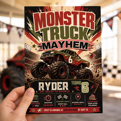 Monster Truck 6th Birthday Invitation: Racing Mayhem for Boys — invitation you personalize in Canva