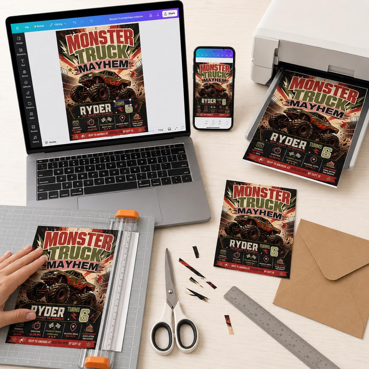 Monster Truck 6th Birthday Invitation: Racing Mayhem for Boys — print-ready 6th birthday party design from VoltBy