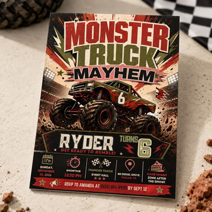 Monster Truck 6th Birthday Invitation: Racing Mayhem for Boys — digital invitation, instant download
