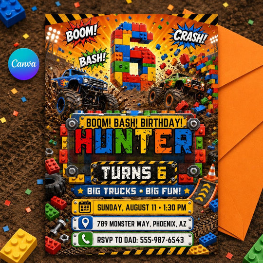 Monster Truck Block Bash 6th Birthday Invitation