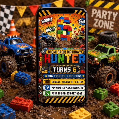 Monster Truck Block Bash 6th Birthday Invitation — building blocks and monster truck design for a 6th birthday party