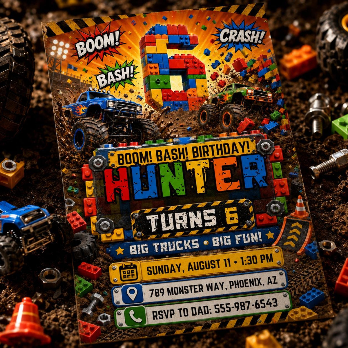 Monster Truck Block Bash 6th Birthday Invitation in red and green