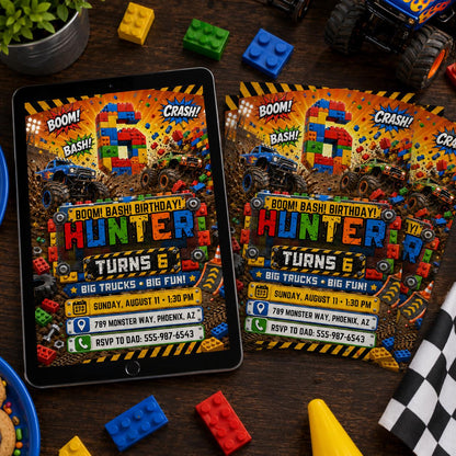 Monster Truck Block Bash 6th Birthday Invitation — editable Canva template for a 6th birthday party