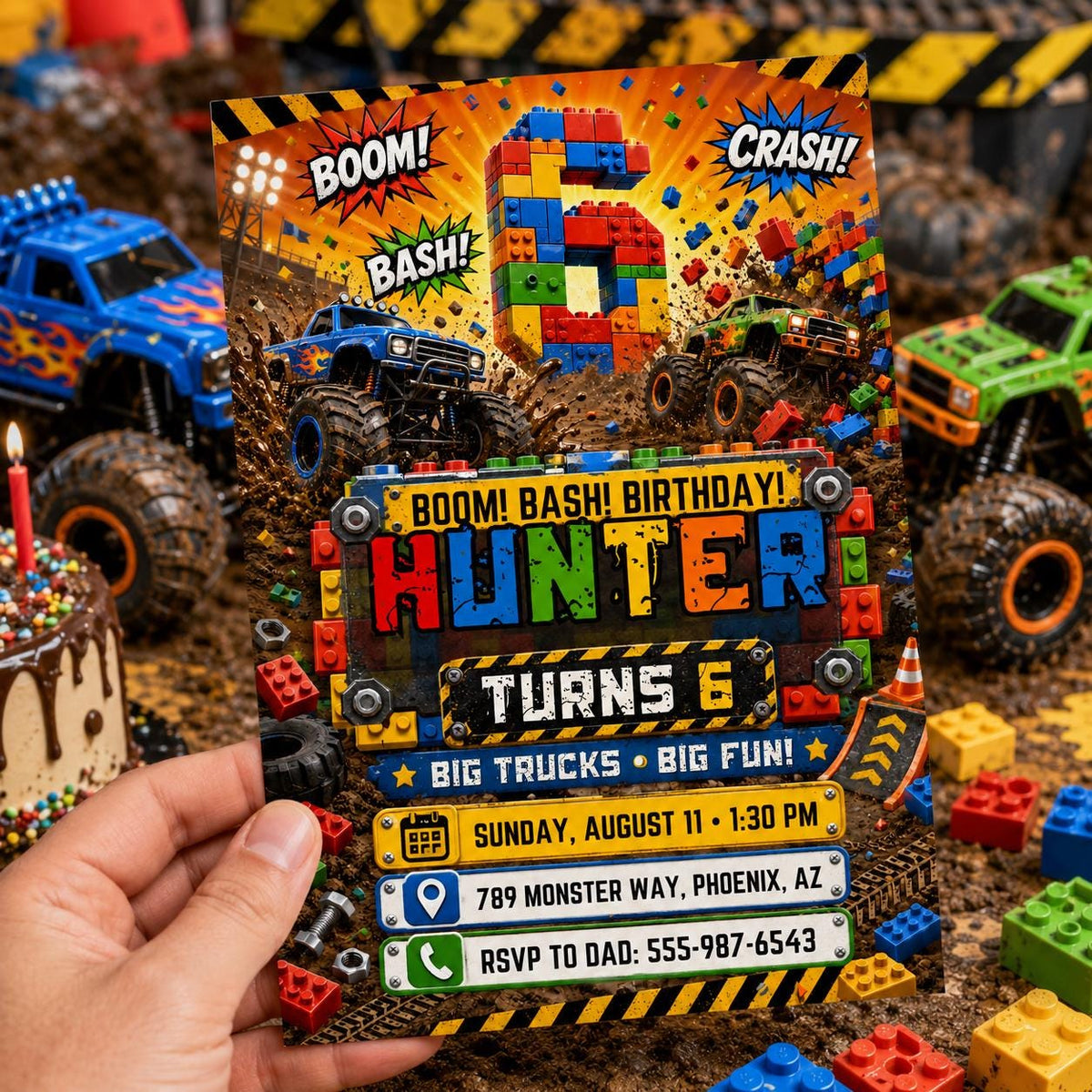 Monster Truck Block Bash 6th Birthday Invitation — printable invitation from VoltBy