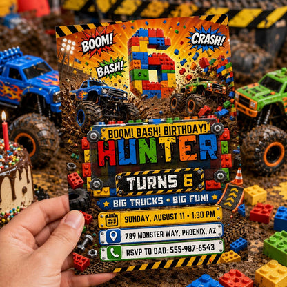 Monster Truck Block Bash 6th Birthday Invitation — printable invitation from VoltBy