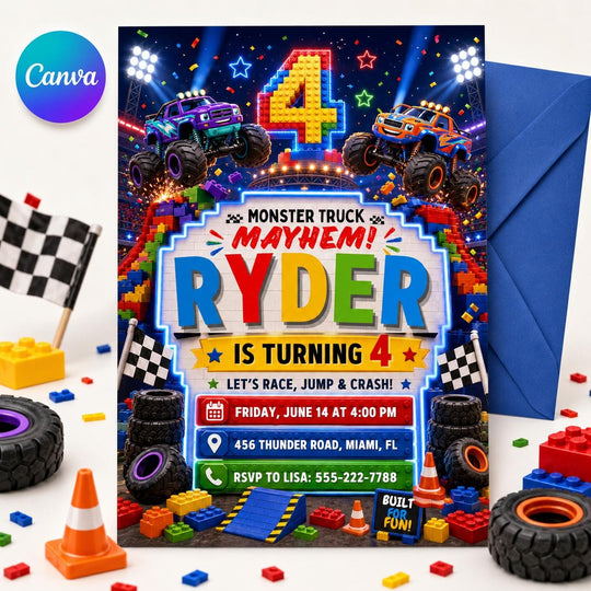 Monster Truck Mayhem Block 4th Birthday Invitation