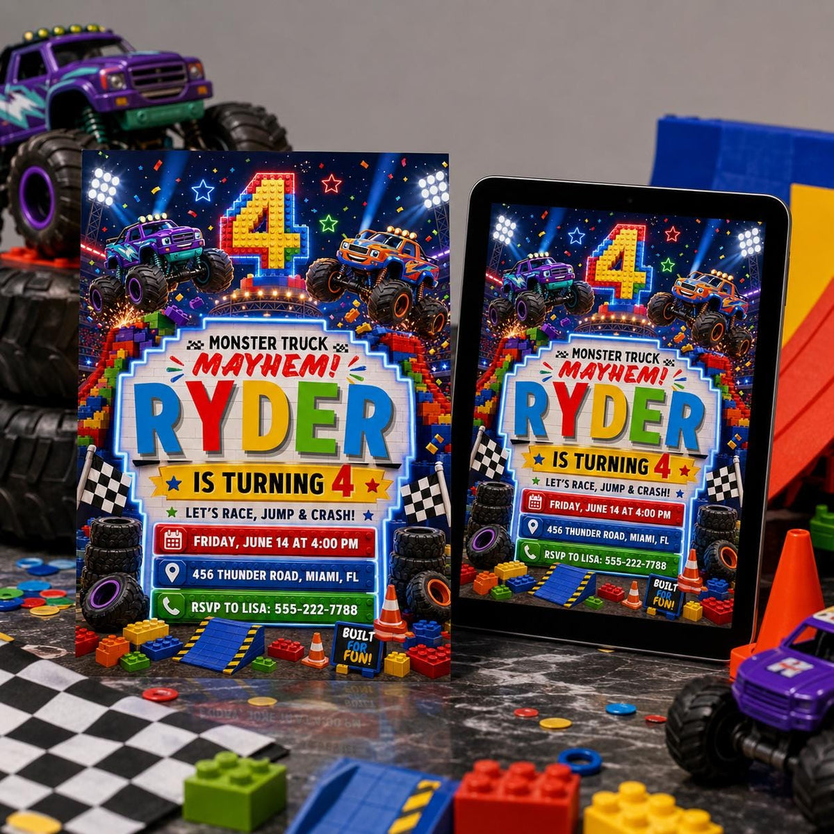 Monster Truck Mayhem Block 4th Birthday Invitation — building blocks and monster truck design for a 4th birthday party