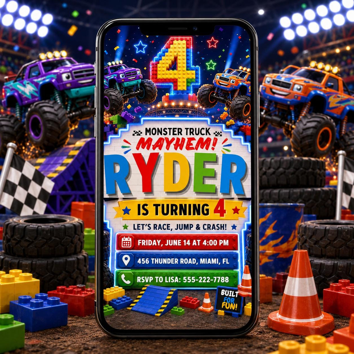 Monster Truck Mayhem Block 4th Birthday Invitation in red and blue