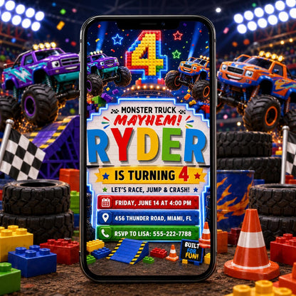 Monster Truck Mayhem Block 4th Birthday Invitation in red and blue