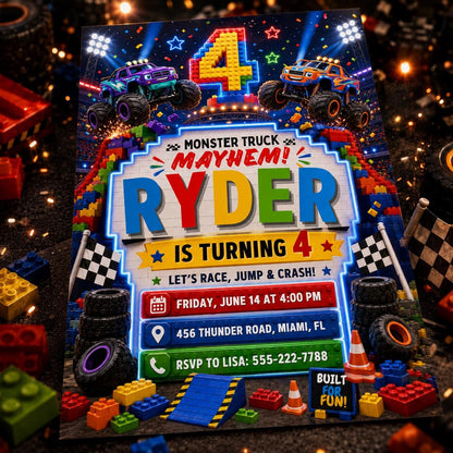 Monster Truck Mayhem Block 4th Birthday Invitation — editable Canva template for a 4th birthday party