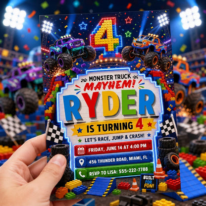 Monster Truck Mayhem Block 4th Birthday Invitation — printable invitation from VoltBy