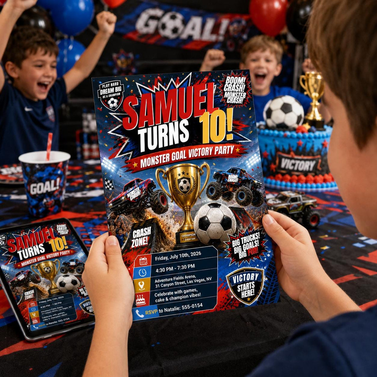 Monster Truck Monster Goal Victory 10th Birthday Invitation — editable Canva template