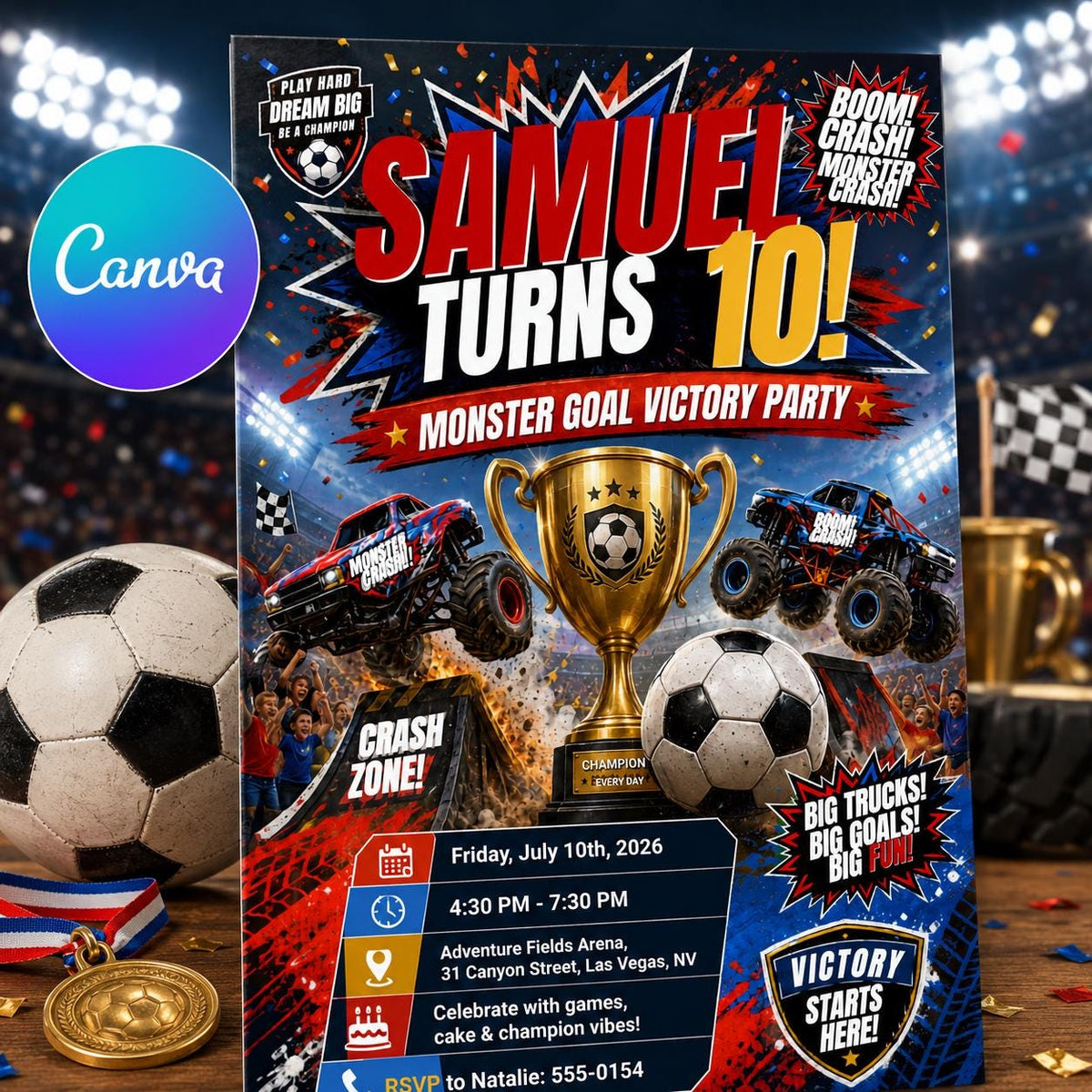 Monster Truck Monster Goal Victory 10th Birthday Invitation — soccer design