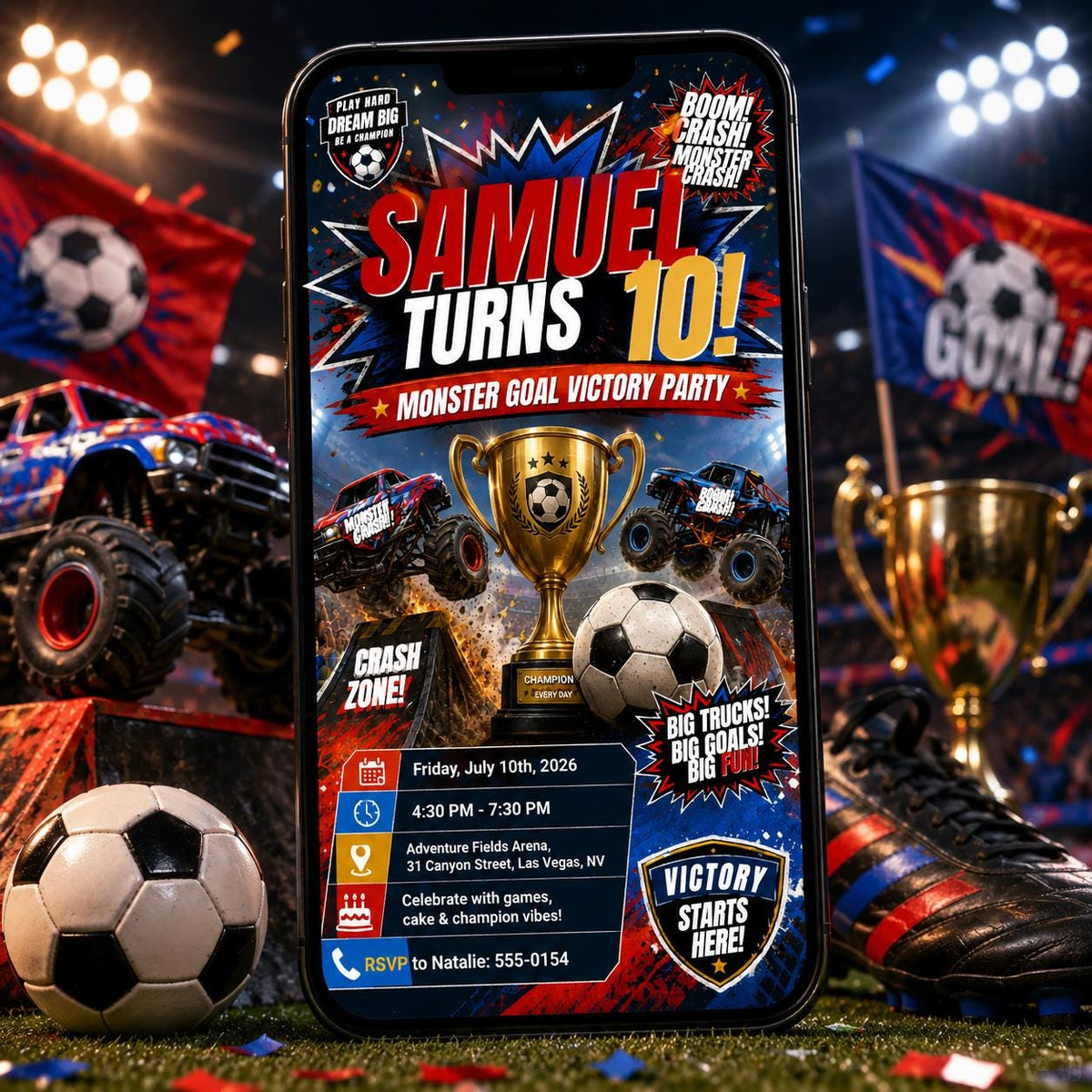 Monster Truck Monster Goal Victory 10th Birthday Invitation — invitation you personalize in Canva