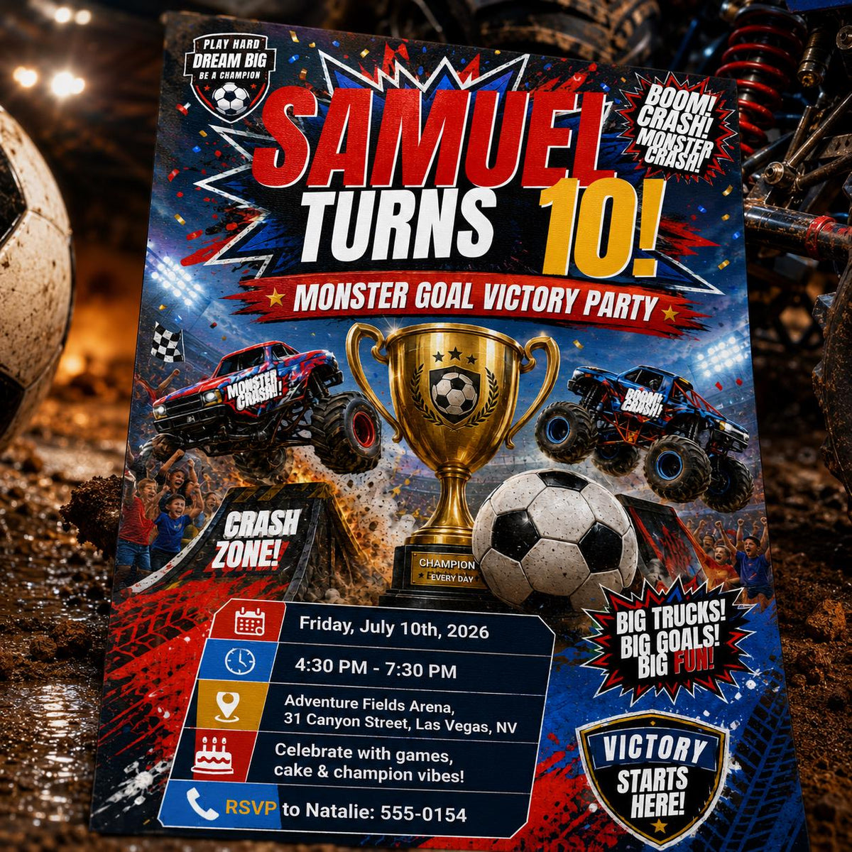 Monster Truck Monster Goal Victory 10th Birthday Invitation — print-ready 10th birthday party design from VoltBy