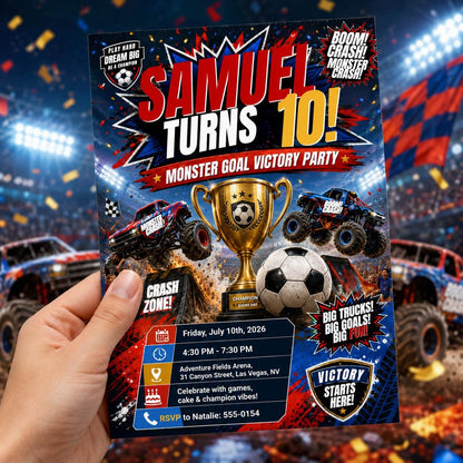 Monster Truck Monster Goal Victory 10th Birthday Invitation — digital invitation, instant download
