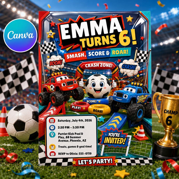 Monster Truck Smash Score And Roar 6th Birthday Invitation
