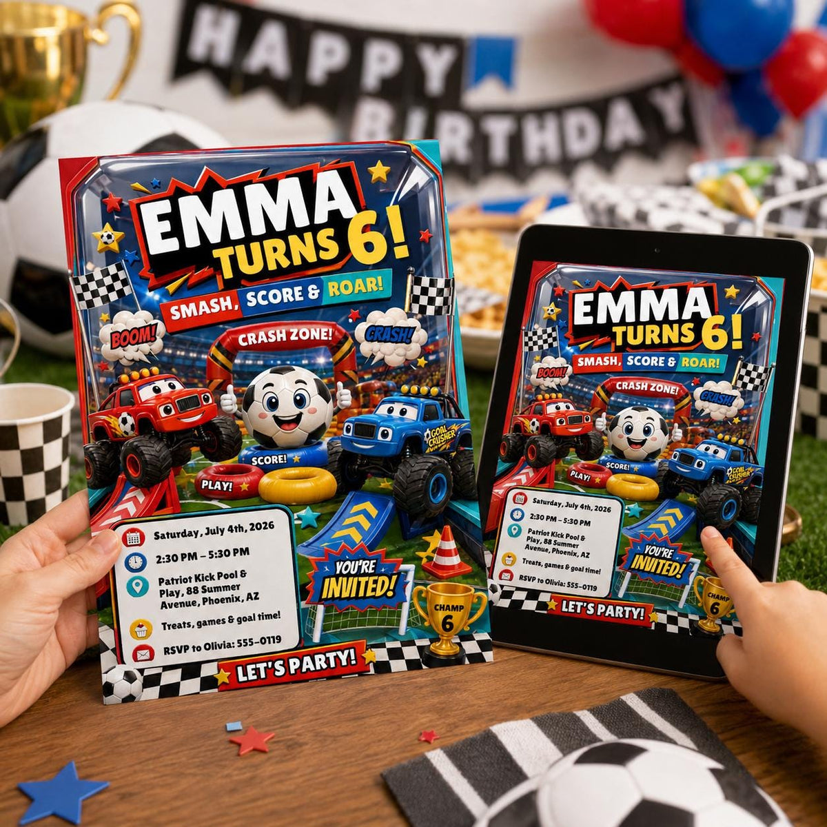 Monster Truck Smash Score And Roar 6th Birthday Invitation — soccer design