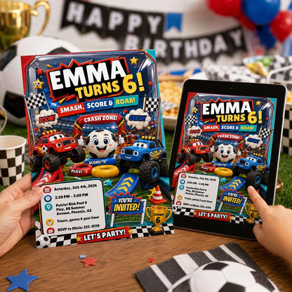 Monster Truck Smash Score And Roar 6th Birthday Invitation — soccer design