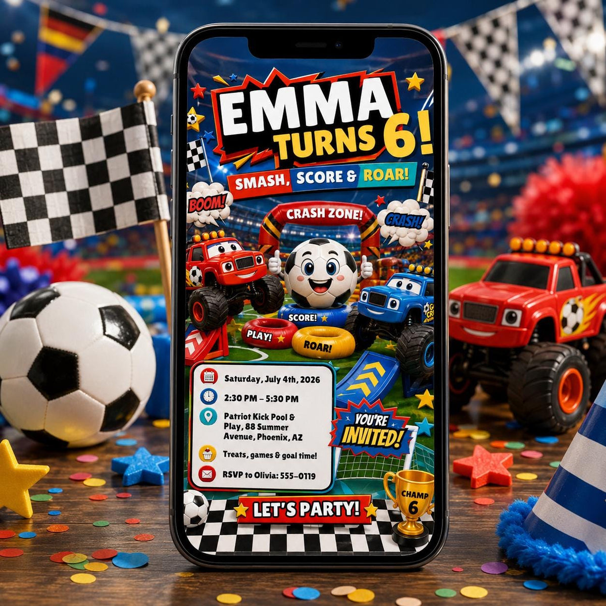 Monster Truck Smash Score And Roar 6th Birthday Invitation — invitation you personalize in Canva
