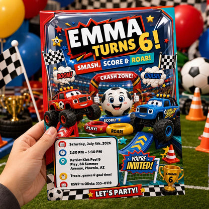 Monster Truck Smash Score And Roar 6th Birthday Invitation — print-ready 6th birthday party design from VoltBy