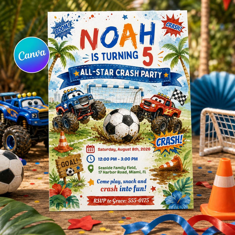 Monster Truck Soccer 5th Birthday Invitation for Boys
