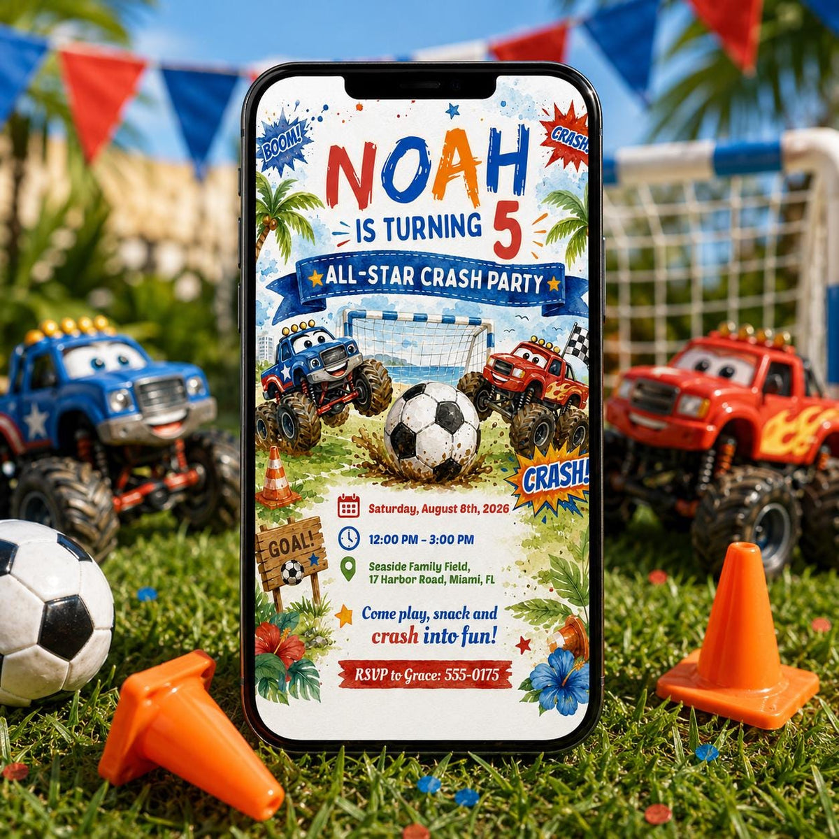 Monster Truck Soccer 5th Birthday Invitation for Boys — beach design