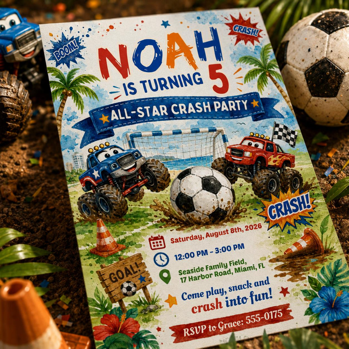 Monster Truck Soccer 5th Birthday Invitation for Boys — invitation you personalize in Canva