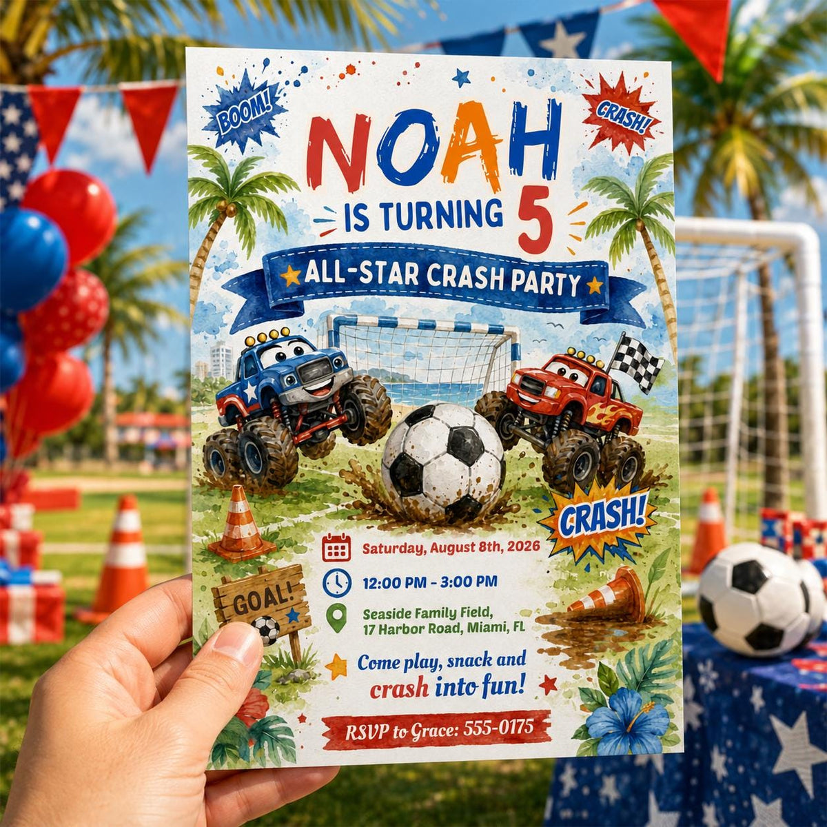 Monster Truck Soccer 5th Birthday Invitation for Boys — print-ready 5th birthday party design from VoltBy