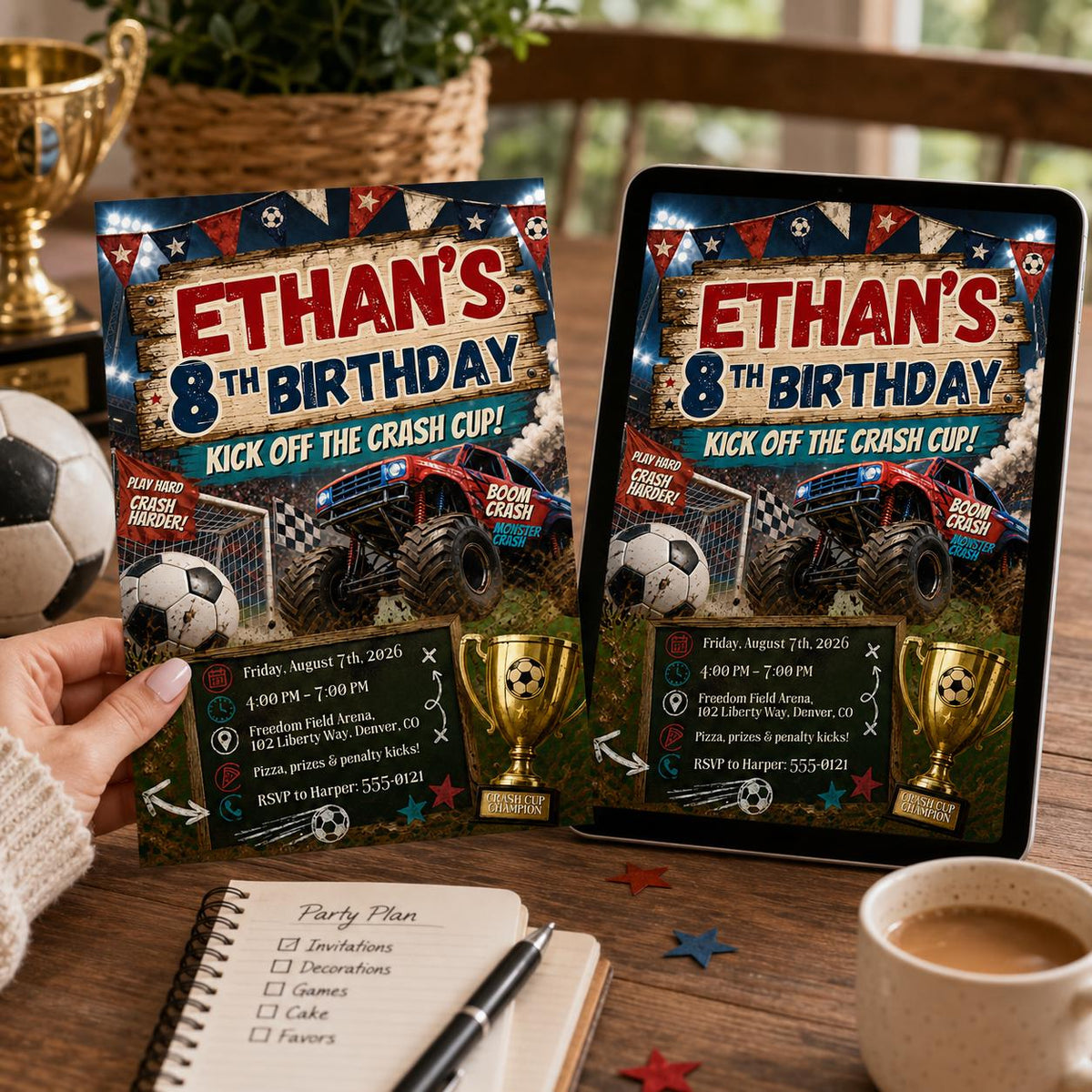 Monster Truck Soccer 8th Birthday Invitation — invitation you personalize in Canva