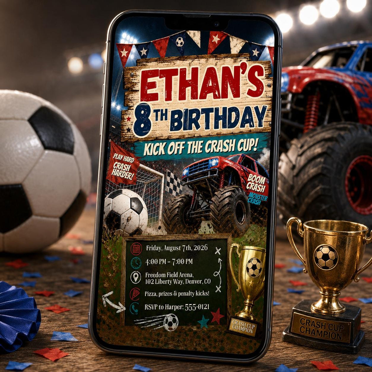 Monster Truck Soccer 8th Birthday Invitation — print-ready 8th birthday party design from VoltBy