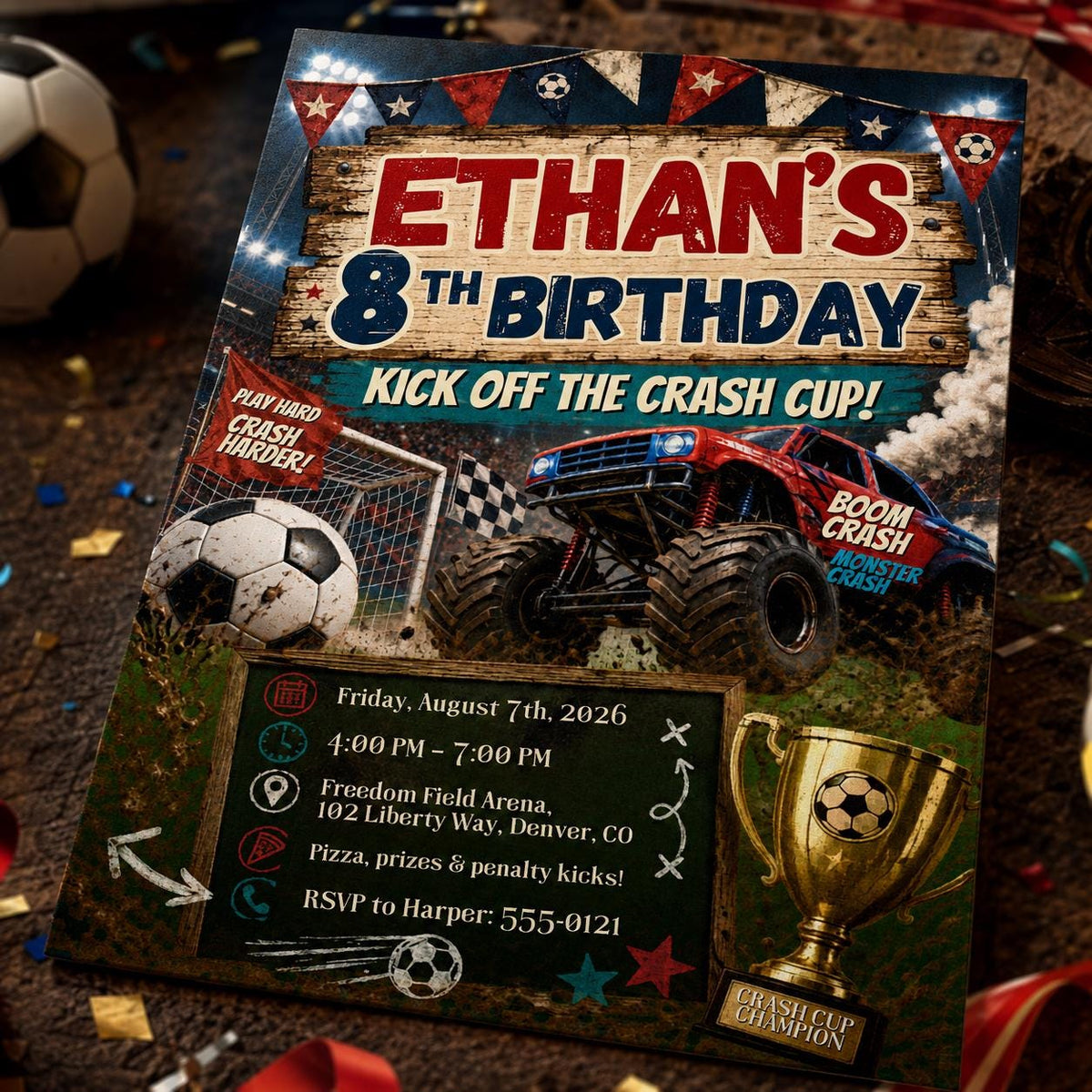 Monster Truck Soccer 8th Birthday Invitation — digital invitation, instant download
