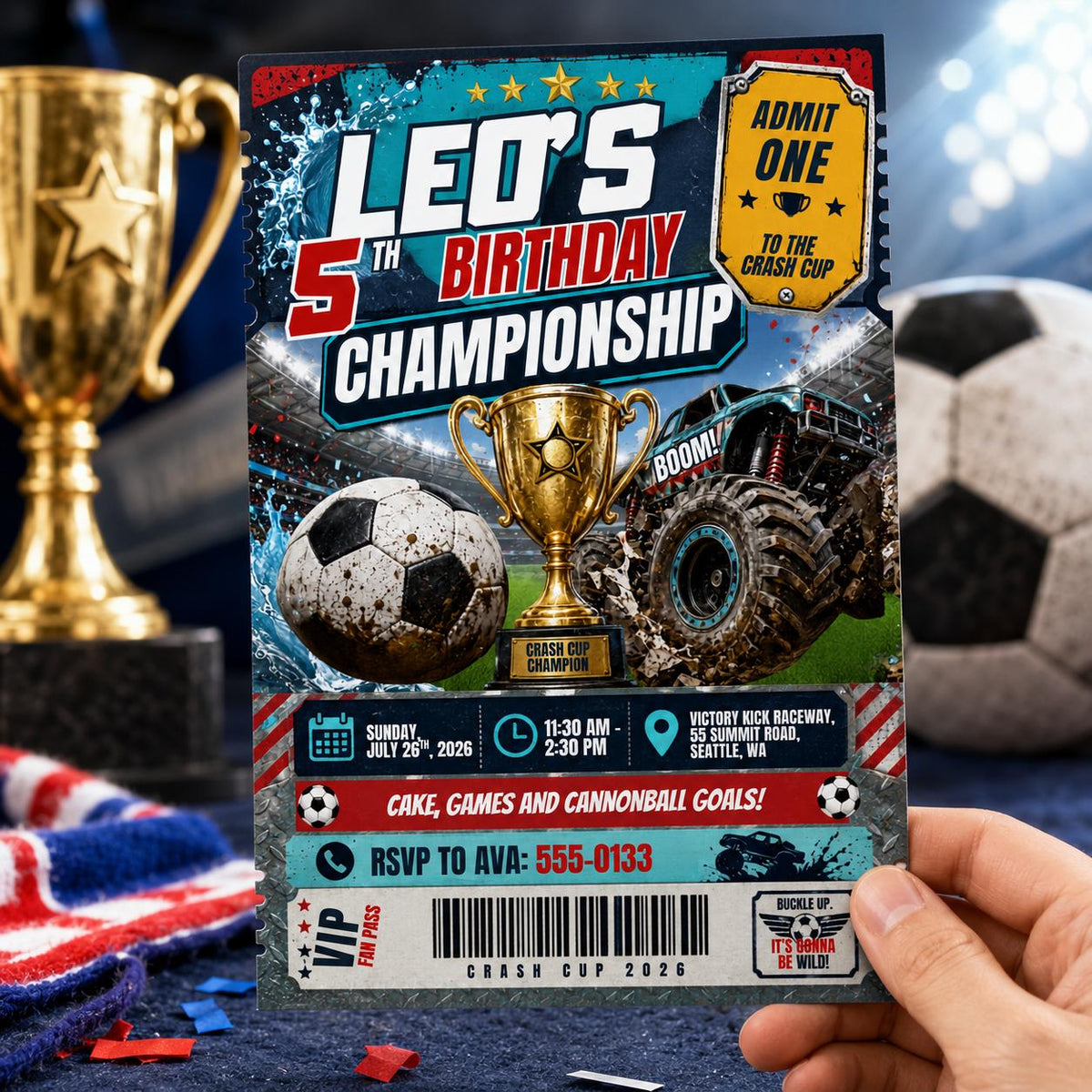 Monster Truck Soccer Ticket 5th Birthday Invitation — invitation you personalize in Canva