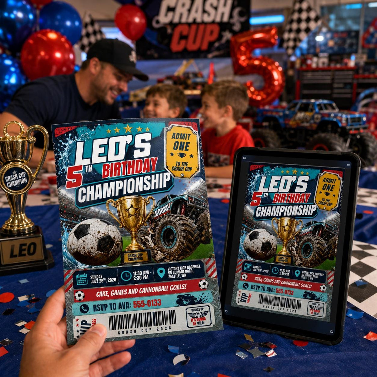 Monster Truck Soccer Ticket 5th Birthday Invitation — digital invitation, instant download