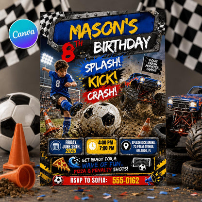 Monster Truck Splash Kick Crash 8th Birthday Invitation — editable Canva template