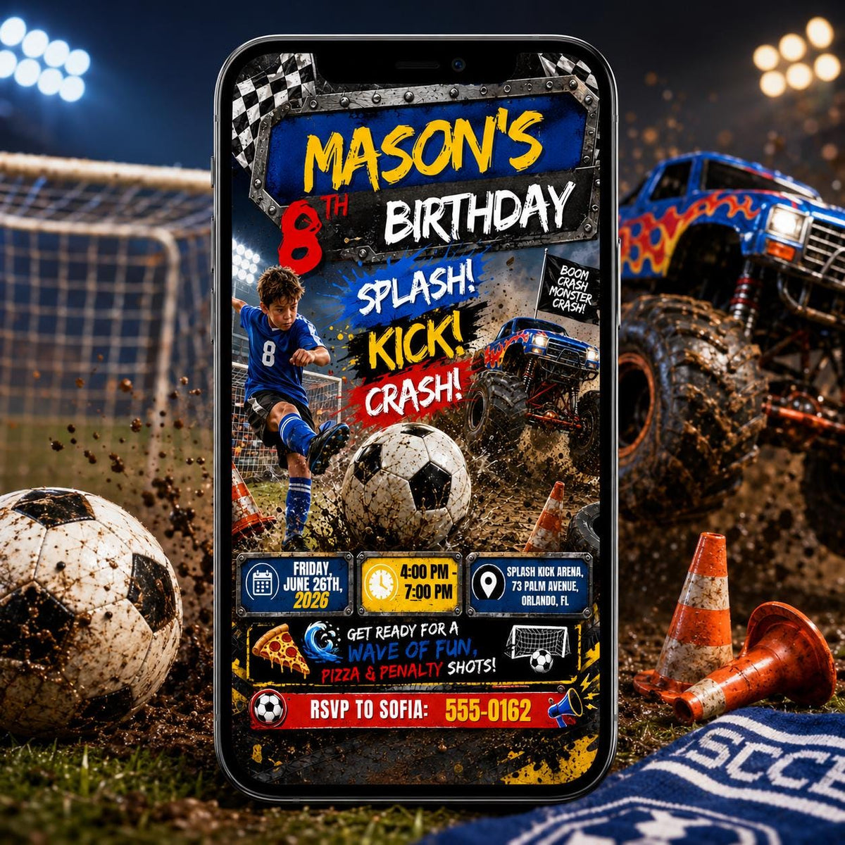 Monster Truck Splash Kick Crash 8th Birthday Invitation — invitation you personalize in Canva