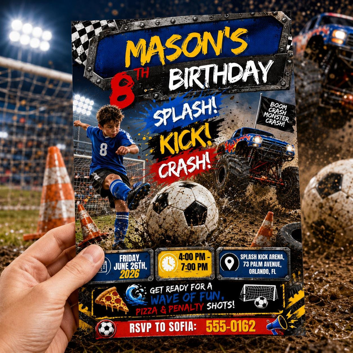 Monster Truck Splash Kick Crash 8th Birthday Invitation — print-ready 8th birthday party design from VoltBy