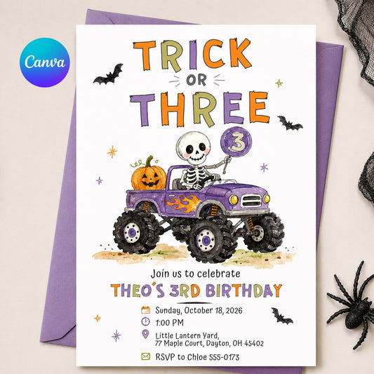 Monster Truck Trick or Three Birthday Invitation — editable Canva template