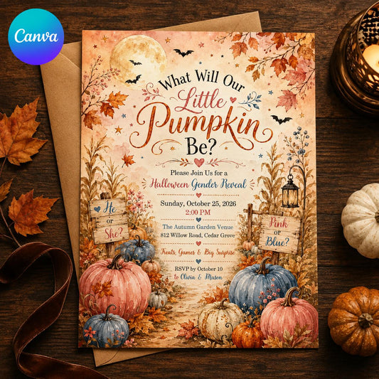 Moonlit Pink and Blue Pumpkin Gender Reveal Invitation — editable Canva template
