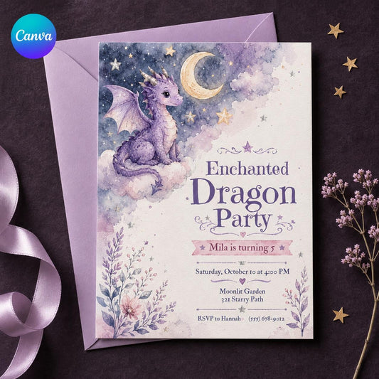 Moonlit Purple Dragon 5th Birthday Invitation — editable Canva template