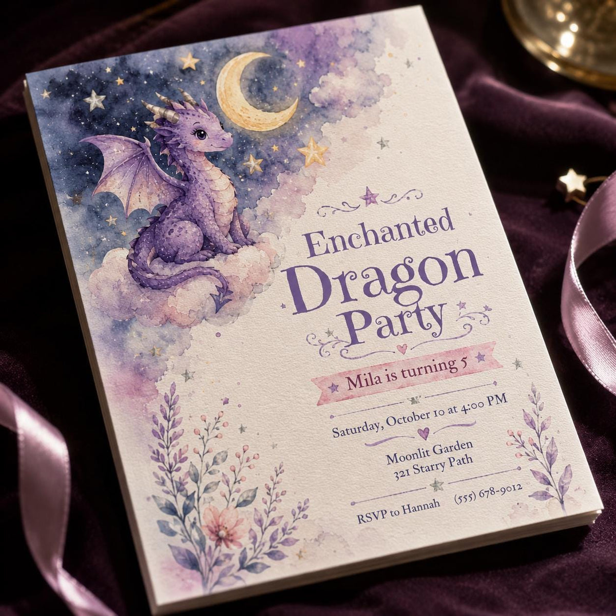 Moonlit Purple Dragon 5th Birthday Invitation — celestial artwork in lavender