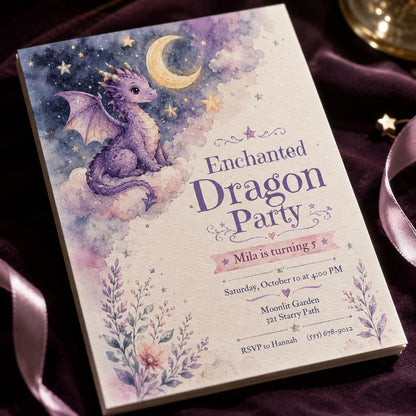 Moonlit Purple Dragon 5th Birthday Invitation — celestial artwork in lavender