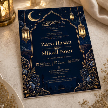 Mosque Navy Gold Nikah Invitation — invitation you personalize in Canva