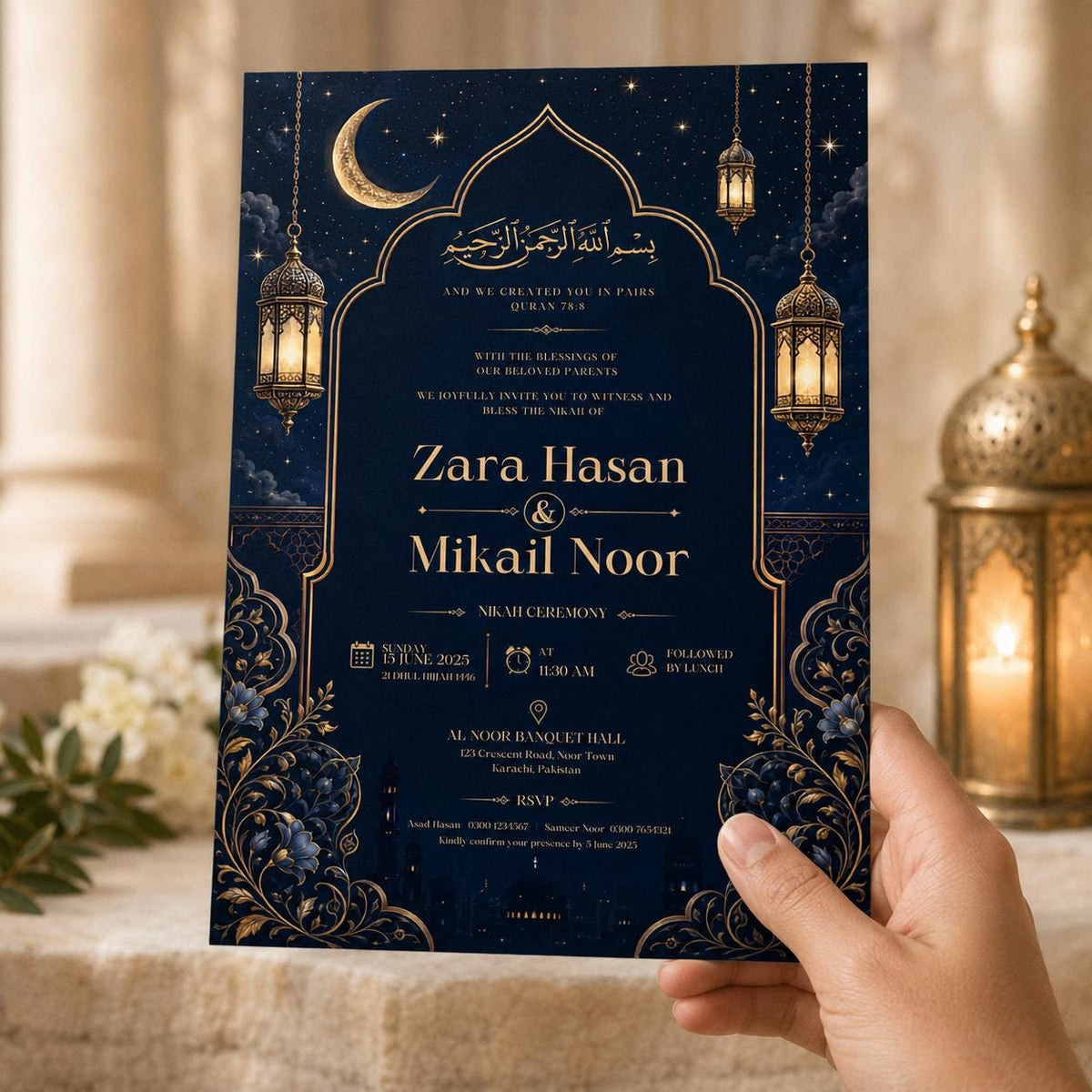 Mosque Navy Gold Nikah Invitation — digital invitation, instant download