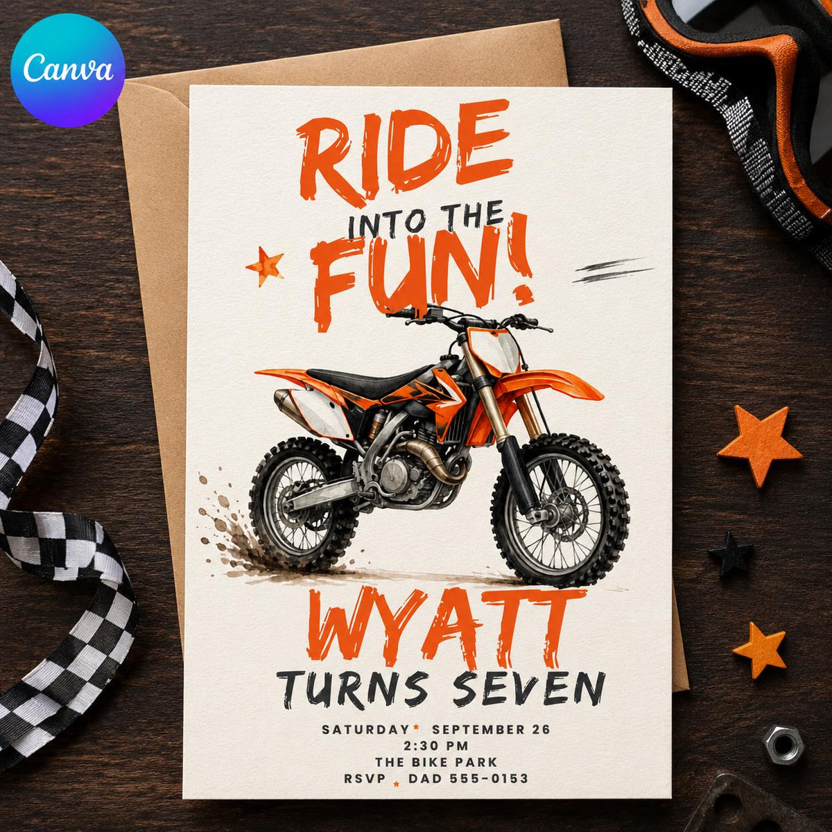 Motorcycle Dirt Bike Birthday Invitation for Boys — editable Canva template