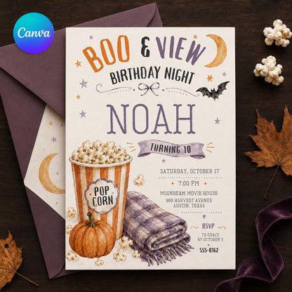 Movie Kids Halloween 10th Birthday Invitation — editable Canva template