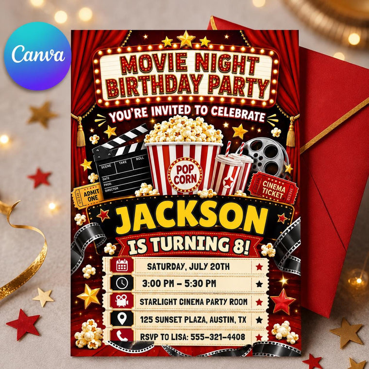 Movie Night 8th Birthday Invitation with Red Theater Curtains