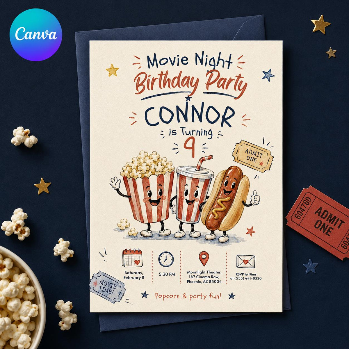 Movie Night 9th Birthday Invitation — editable Canva template