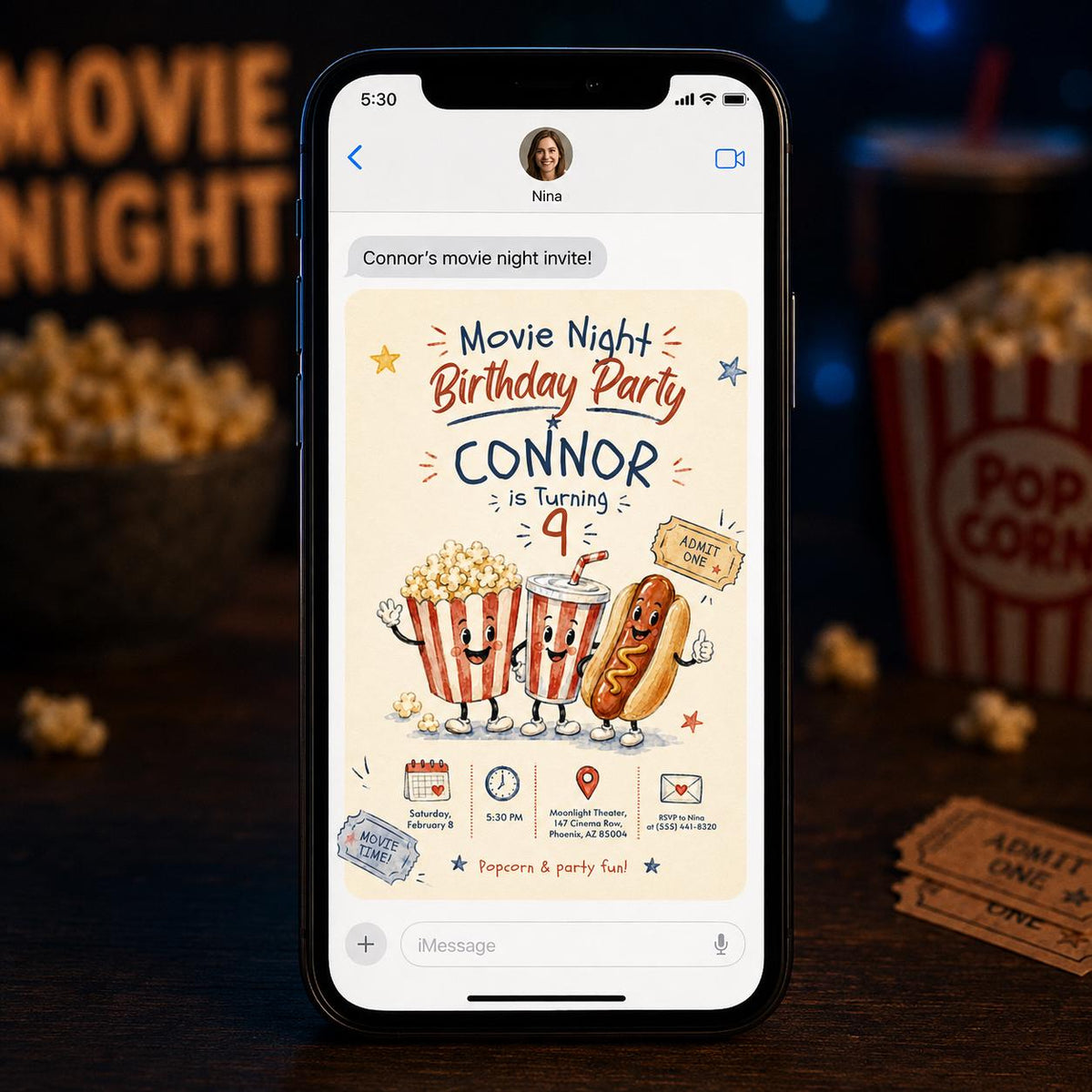 Movie Night 9th Birthday Invitation — invitation you personalize in Canva